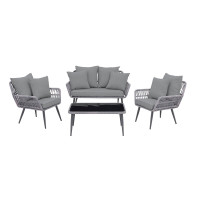 Manhattan Comfort OD-CV019-GY Portofino Rope Wicker 4-Piece Patio Conversation Set with Cushions in Grey